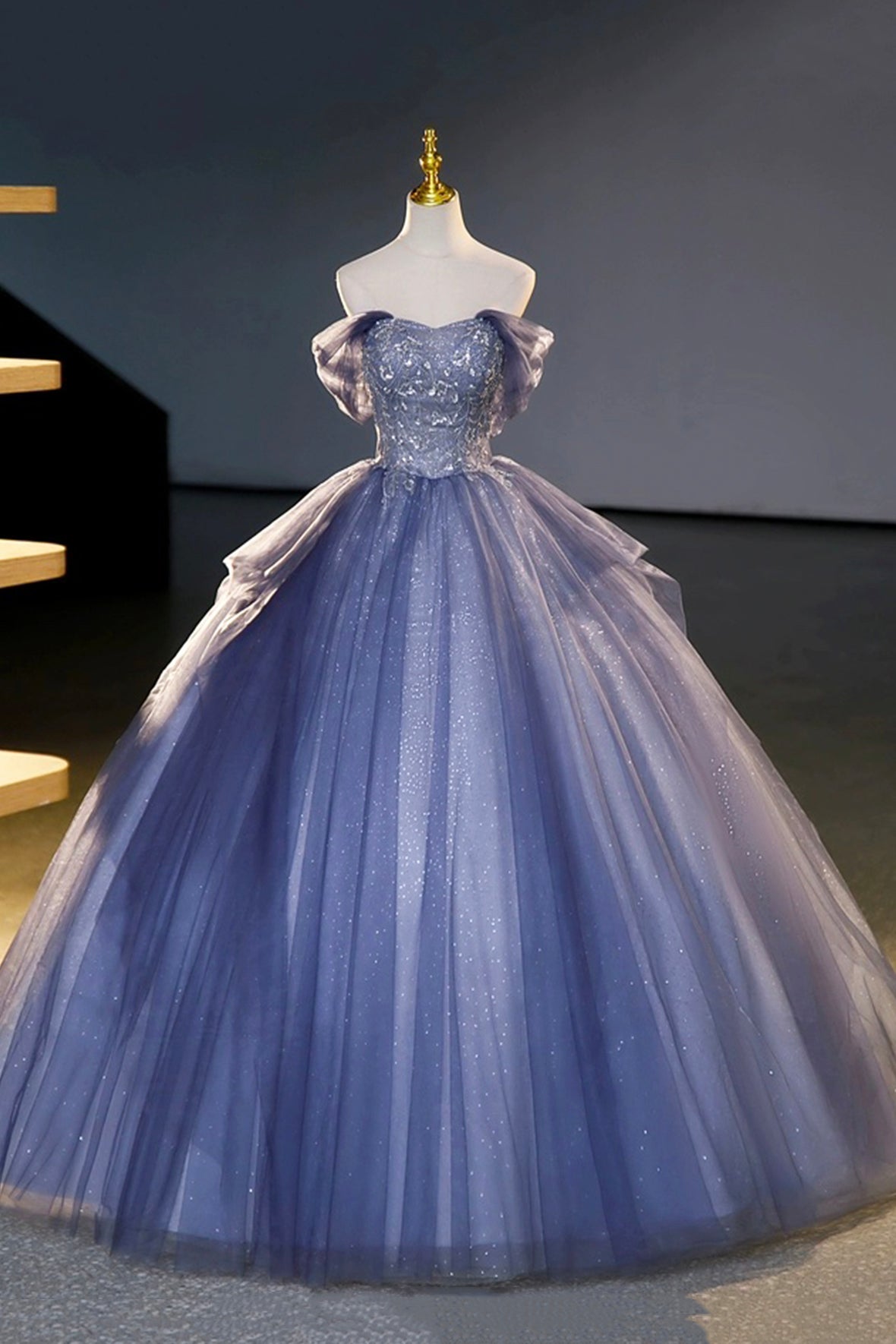 Blue Tulle Sequins Long Prom Dress, A-Line Off the Shoulder Party Dress