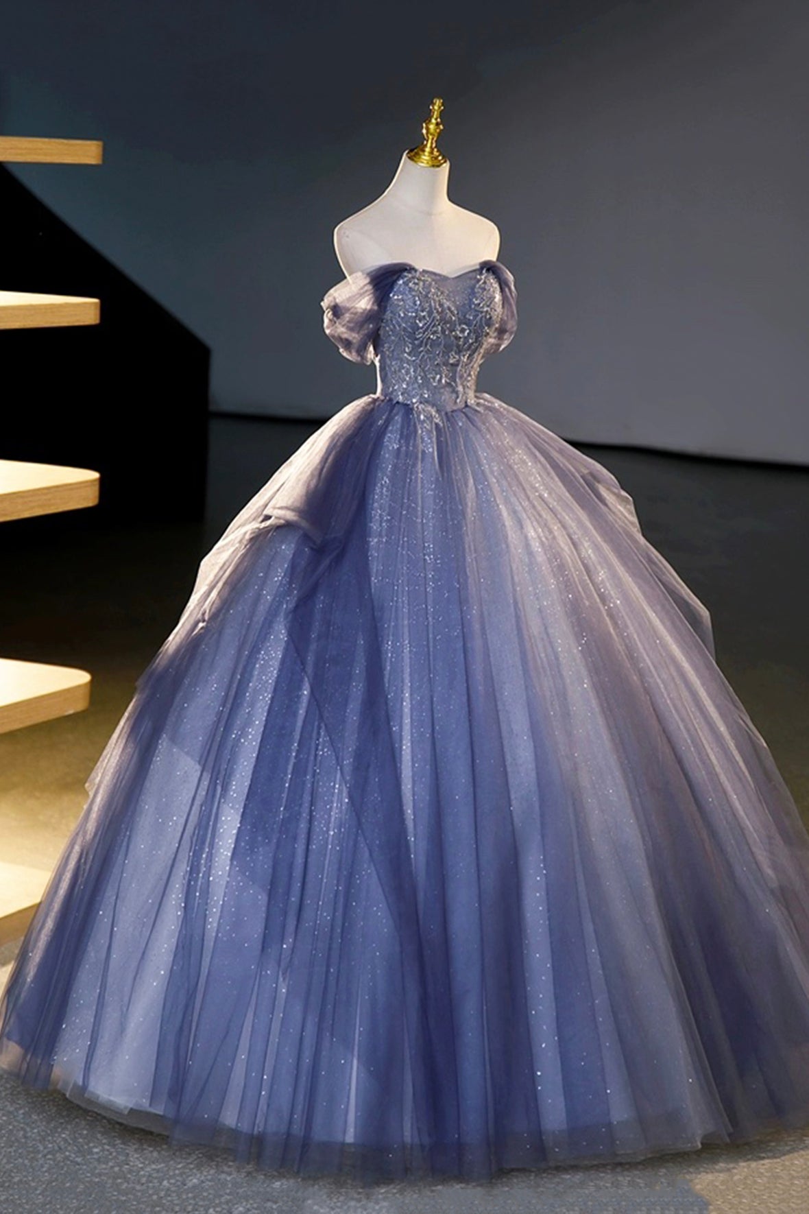 Blue Tulle Sequins Long Prom Dress, A-Line Off the Shoulder Party Dress