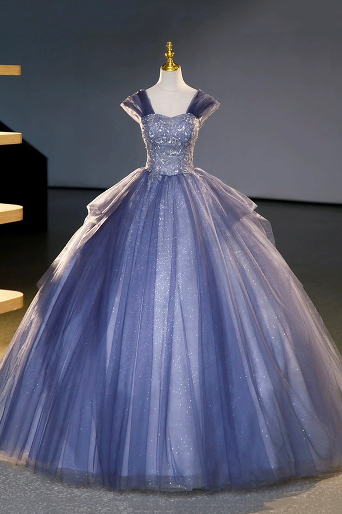 Blue Tulle Sequins Long Prom Dress, A-Line Off the Shoulder Party Dress