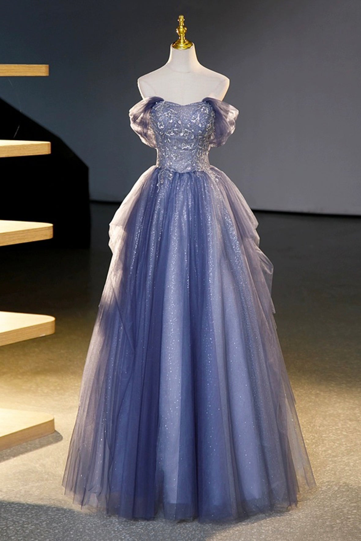 Blue Tulle Sequins Long Prom Dress, A-Line Off the Shoulder Party Dress