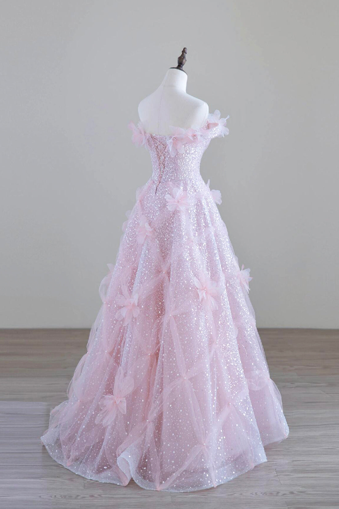 Pink Tulle Sequins Long Prom Dress, Off the Shoulder Evening Party Dress