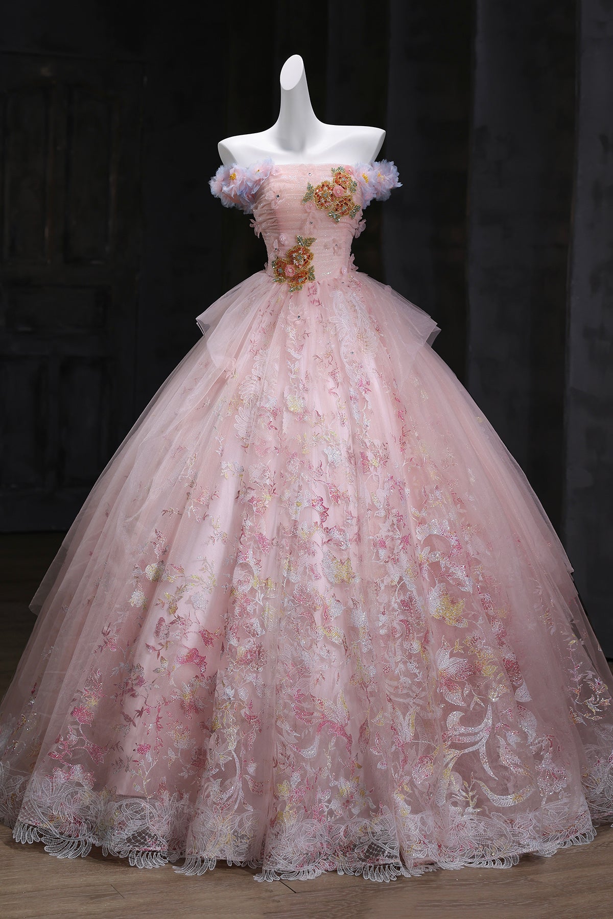 Pink Tulle Sequins Long Prom Dress, Pink A-Line Evening Party Dress