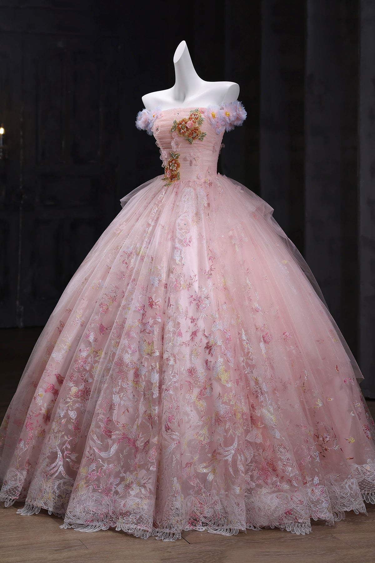 Pink Tulle Sequins Long Prom Dress, Pink A-Line Evening Party Dress