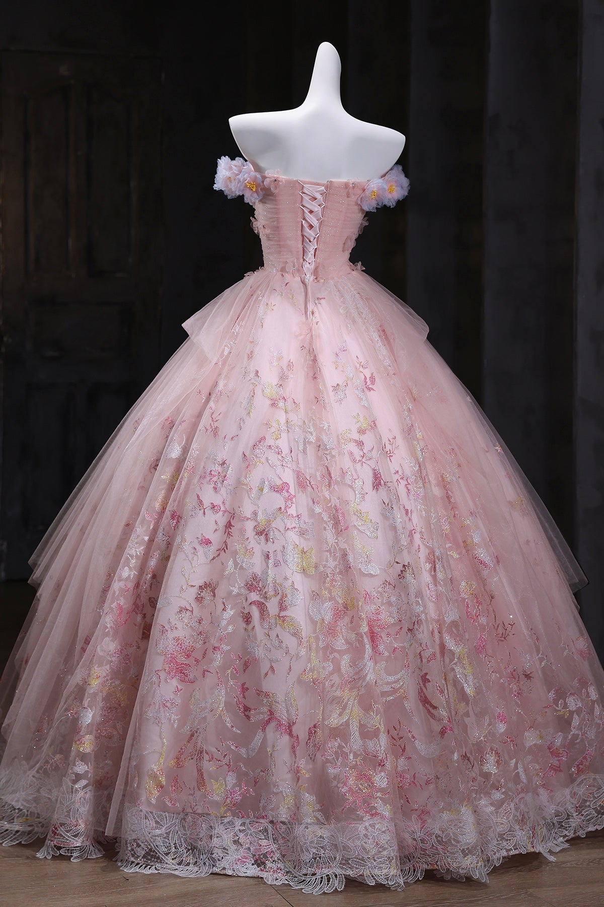 Pink Tulle Sequins Long Prom Dress, Pink A-Line Evening Party Dress
