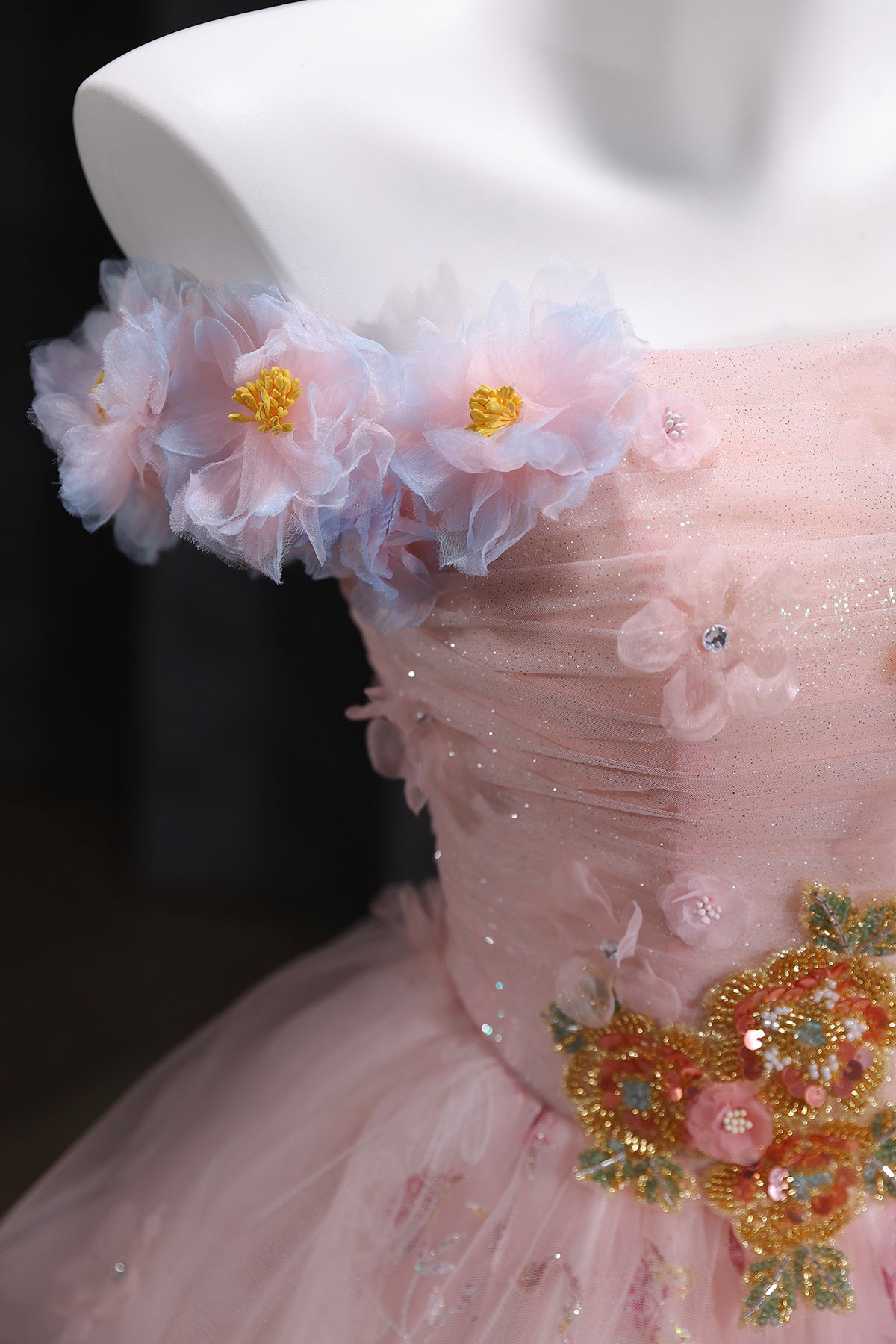 Pink Tulle Sequins Long Prom Dress, Pink A-Line Evening Party Dress