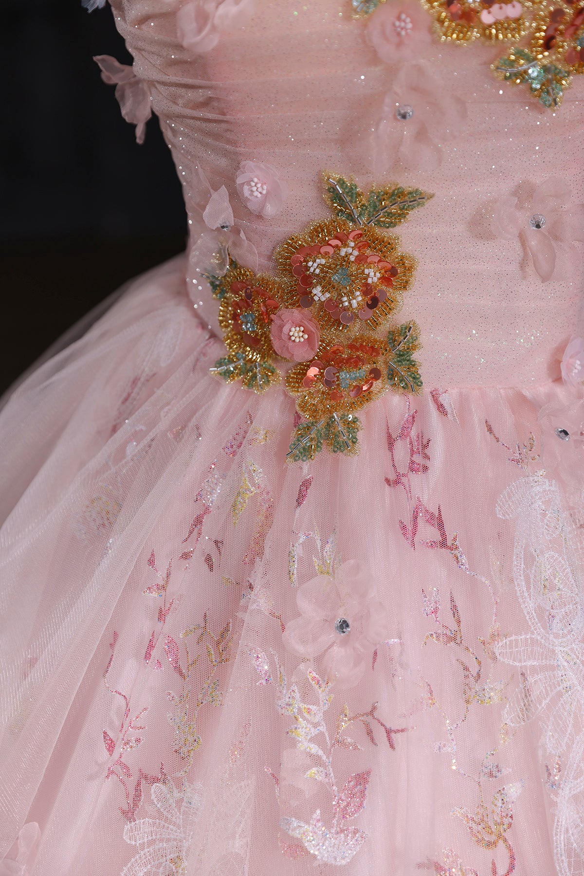 Pink Tulle Sequins Long Prom Dress, Pink A-Line Evening Party Dress