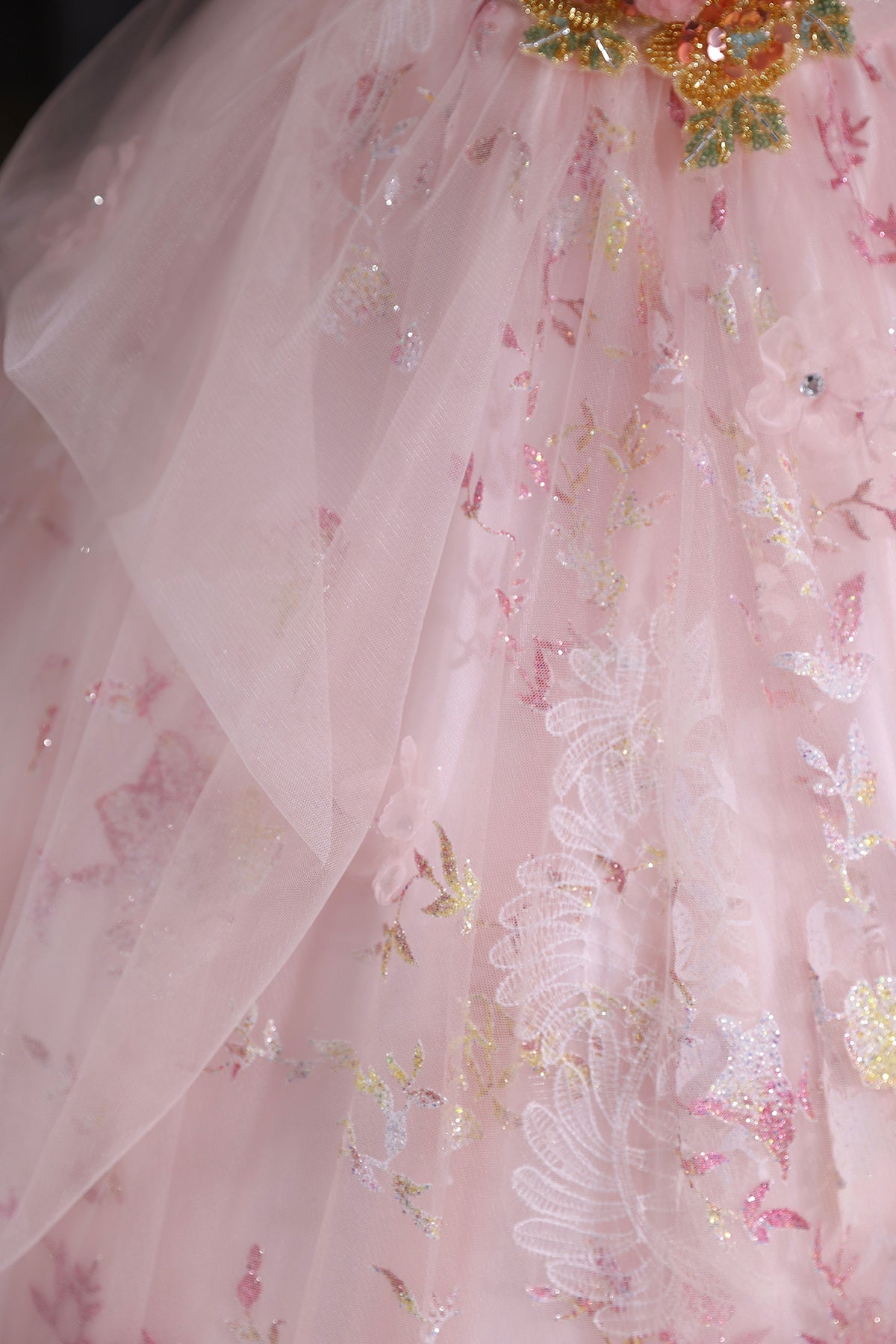 Pink Tulle Sequins Long Prom Dress, Pink A-Line Evening Party Dress