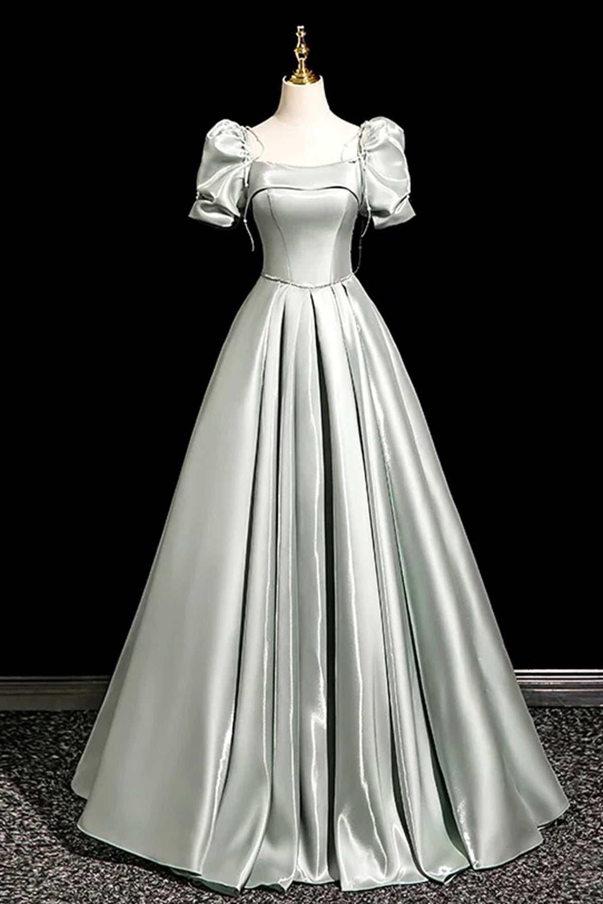 Light Green Satin Long Prom Dress, A-Line Short Sleeve Party Dress