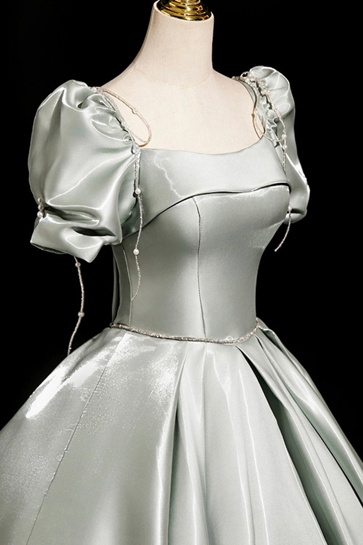 Light Green Satin Long Prom Dress, A-Line Short Sleeve Party Dress