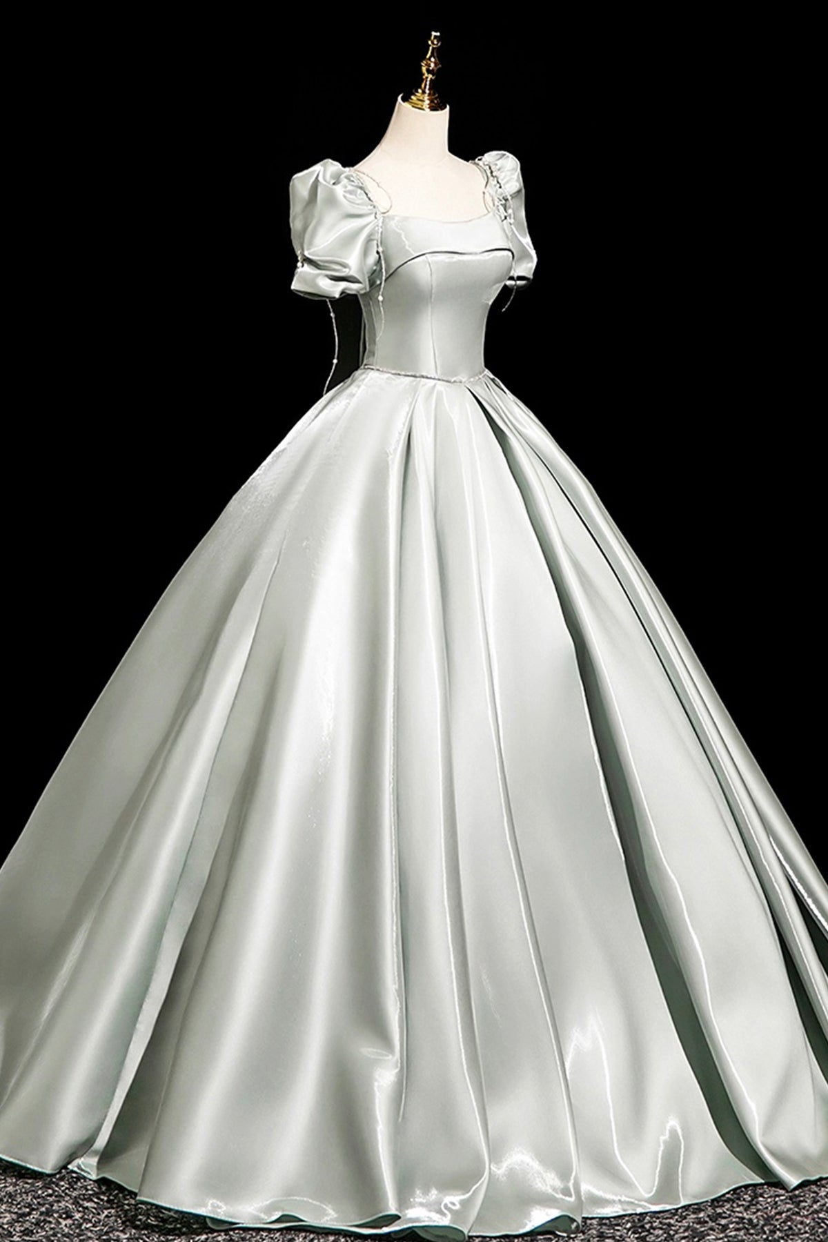 Light Green Satin Long Prom Dress, A-Line Short Sleeve Party Dress