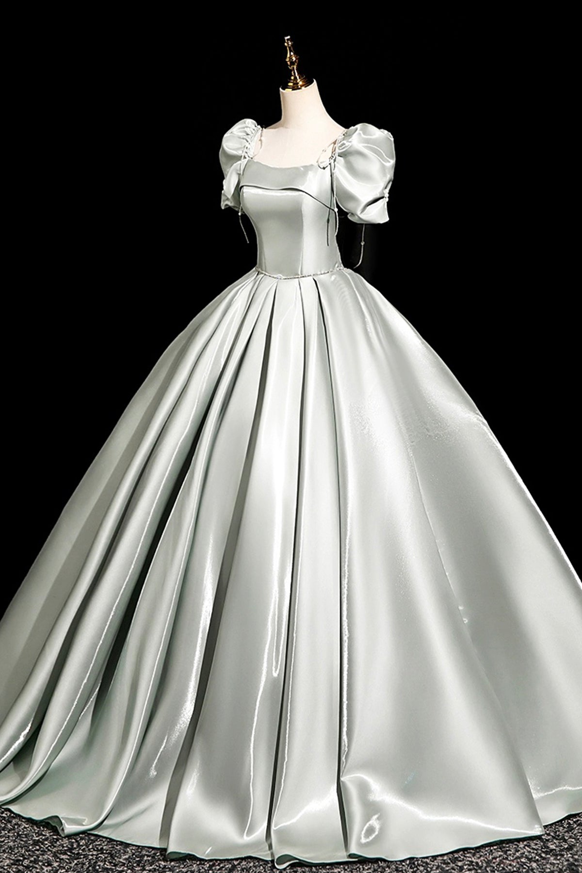 Light Green Satin Long Prom Dress, A-Line Short Sleeve Party Dress