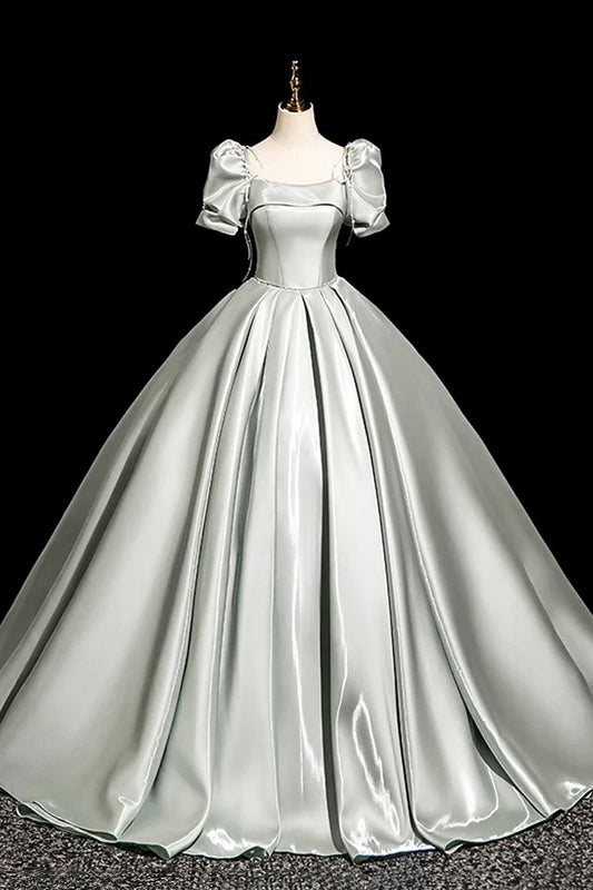 Light Green Satin Long Prom Dress, A-Line Short Sleeve Party Dress