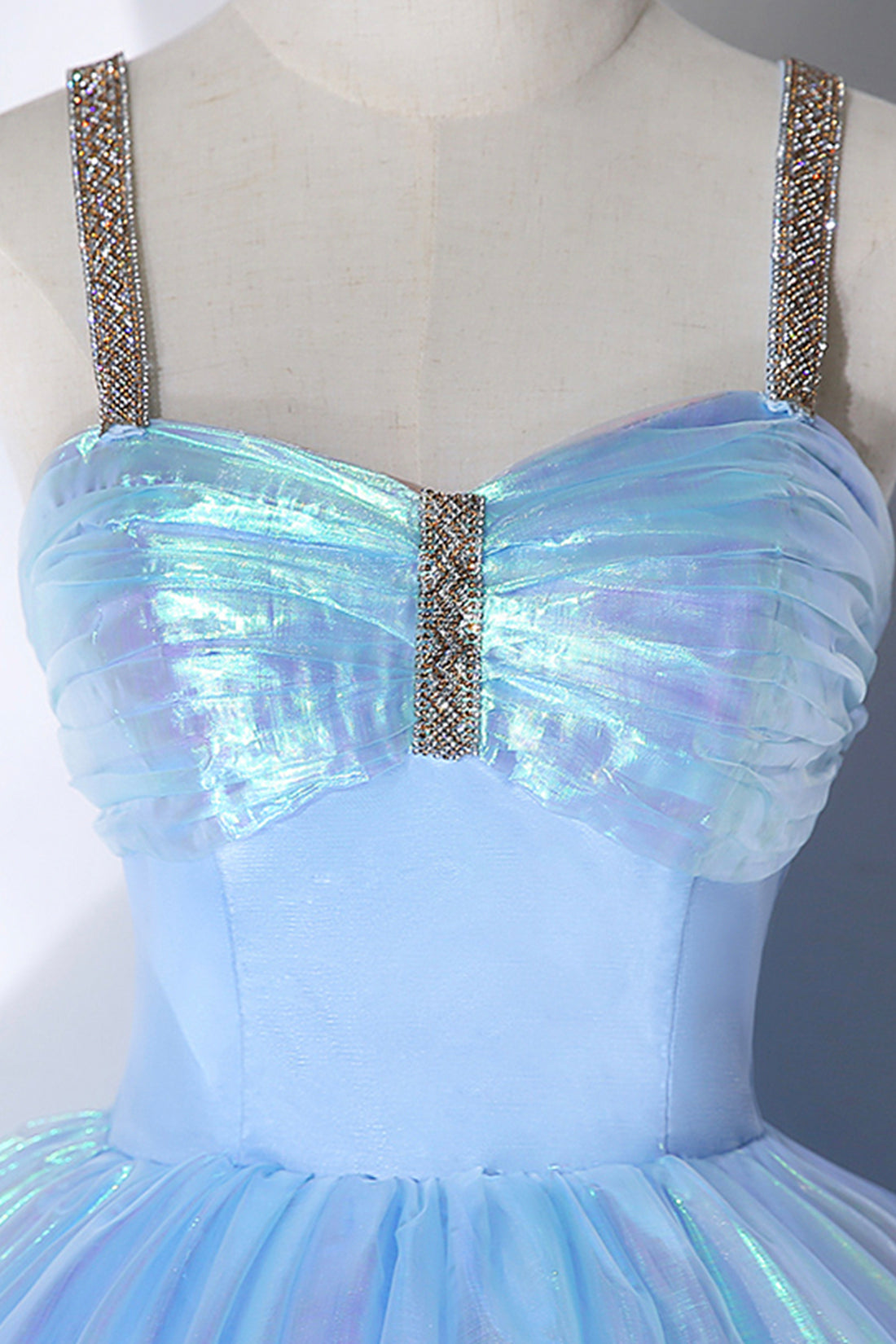 Shiny Blue Tulle Long Formal Dress, A-Line Spaghetti Strap Sweetheart Princess Dress