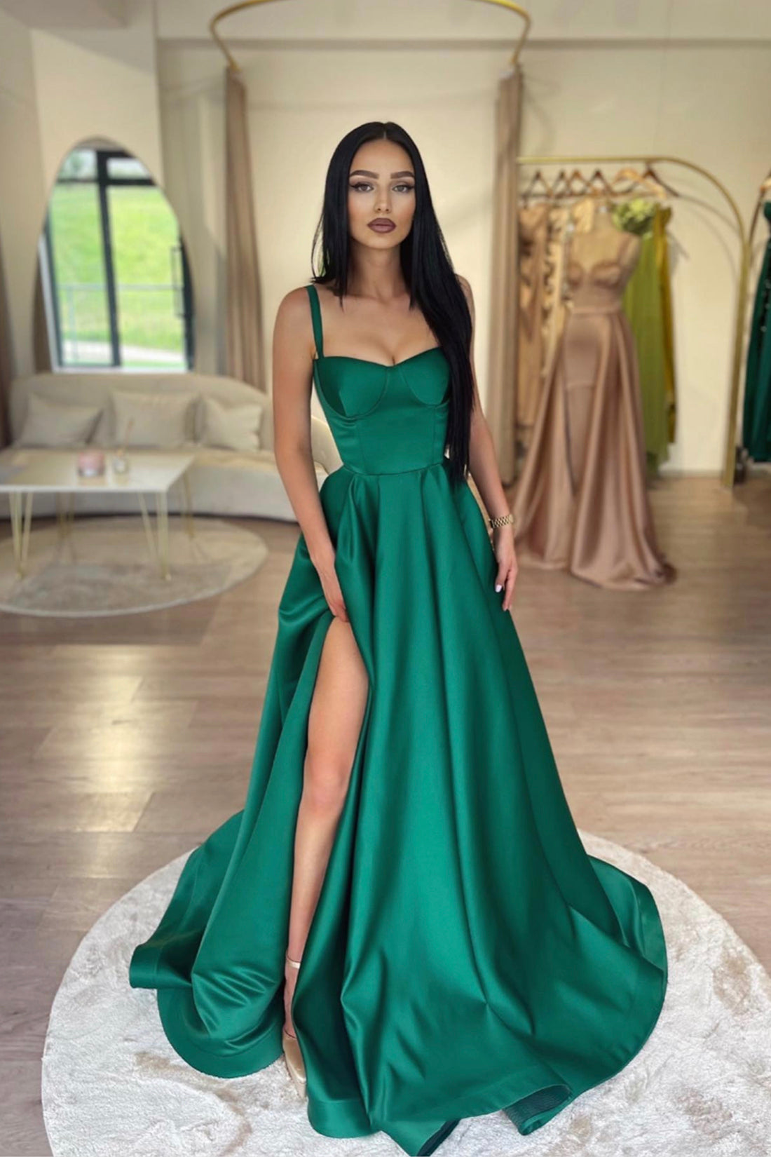Green Satin Long Prom Dress with Slit, Simple A-Line Evening Party Dre girlideas Green Satin Long Prom Dress with Slit, Simple A-Line Evening Party Dre girlideas