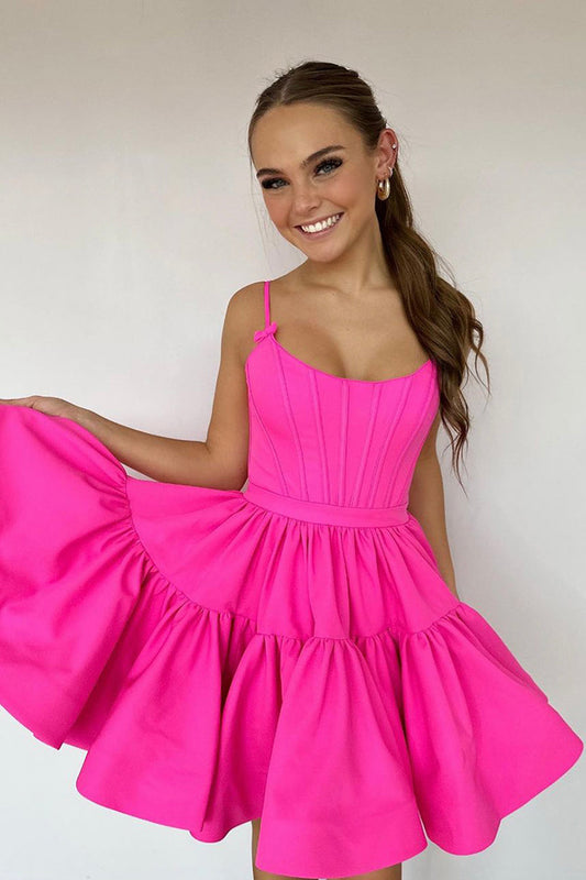 Hot Pink A line Scoop Short Prom Dress, Cute Homecoming Dress