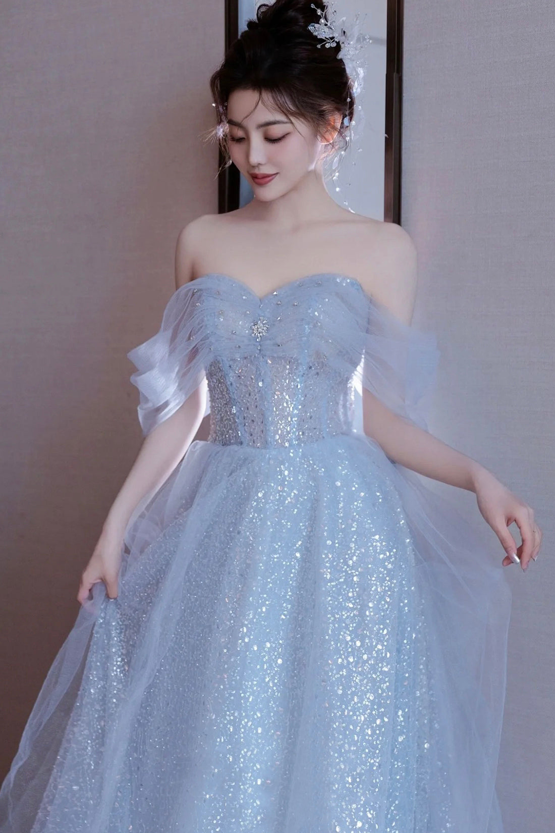 Light Blue Tulle Off Shoulder Formal Dresses , A-Line Sequins Blue Prom Dresses