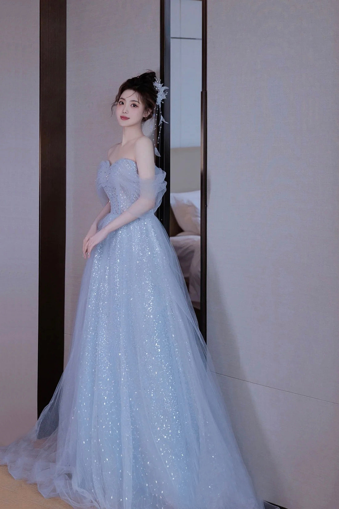 Light Blue Tulle Off Shoulder Formal Dresses , A-Line Sequins Blue Prom Dresses