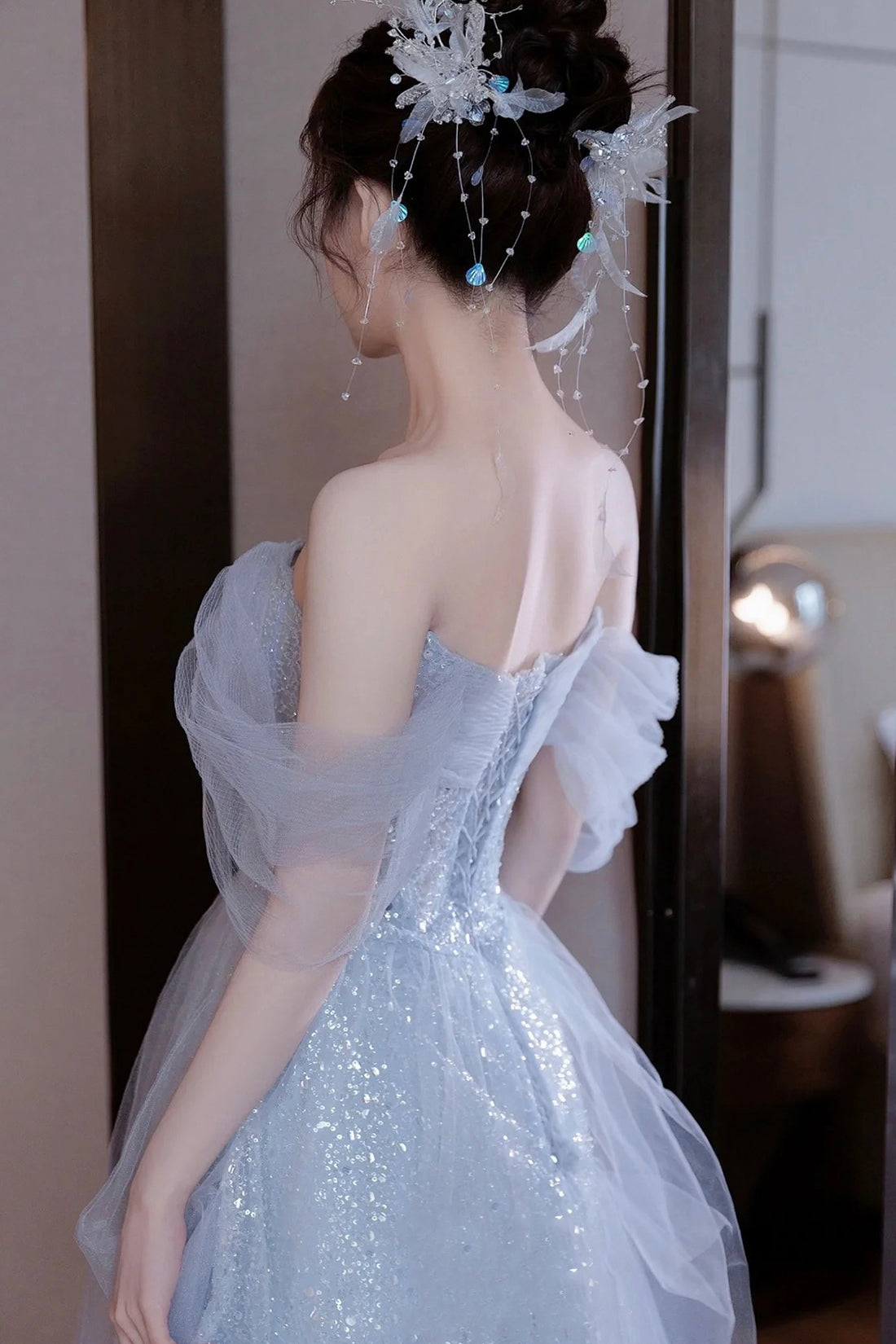 Light Blue Tulle Off Shoulder Formal Dresses , A-Line Sequins Blue Prom Dresses