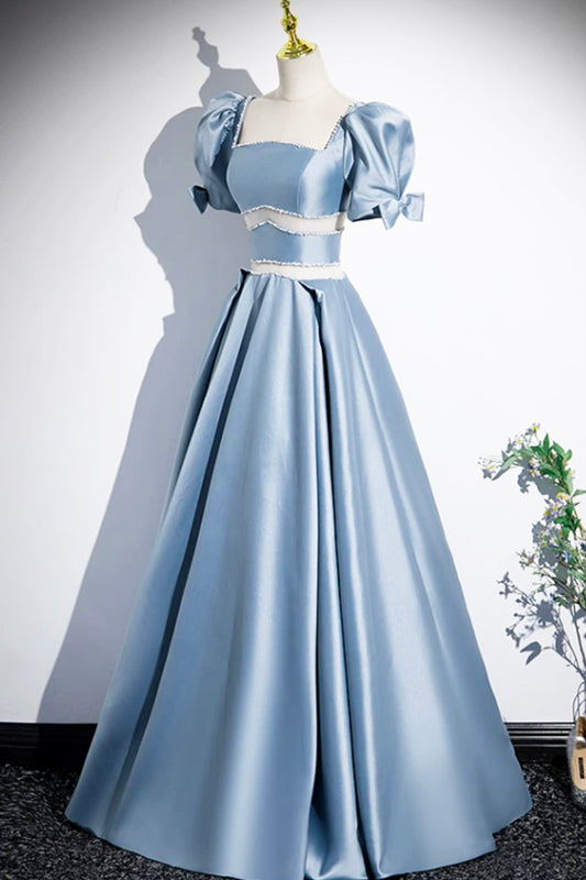 Blue Satin Long Prom Dress, A-Line Short Sleeve Blue Evening Dress
