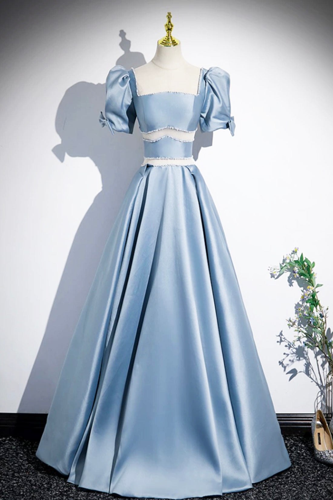 Blue Satin Long Prom Dress, A-Line Short Sleeve Blue Evening Dress