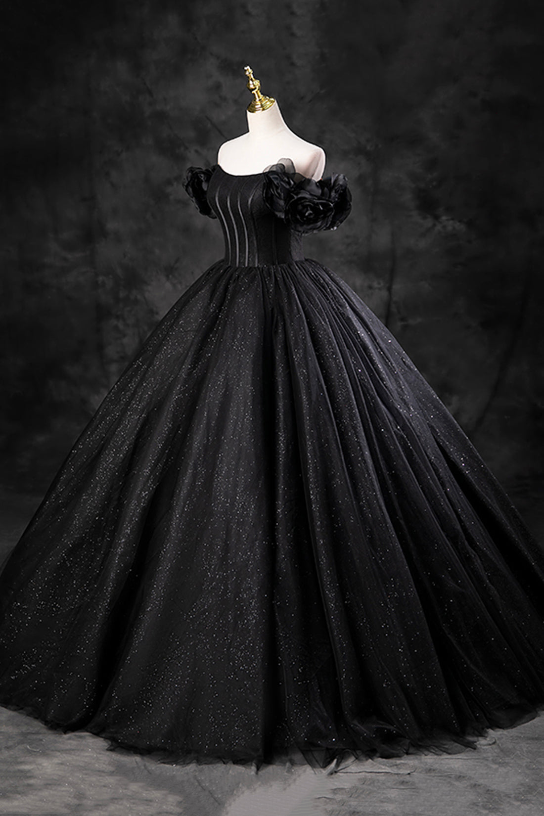 Black Shiny Tulle Floor Length A-Line Prom Dress, Off the Shoulder Evening Party Dress