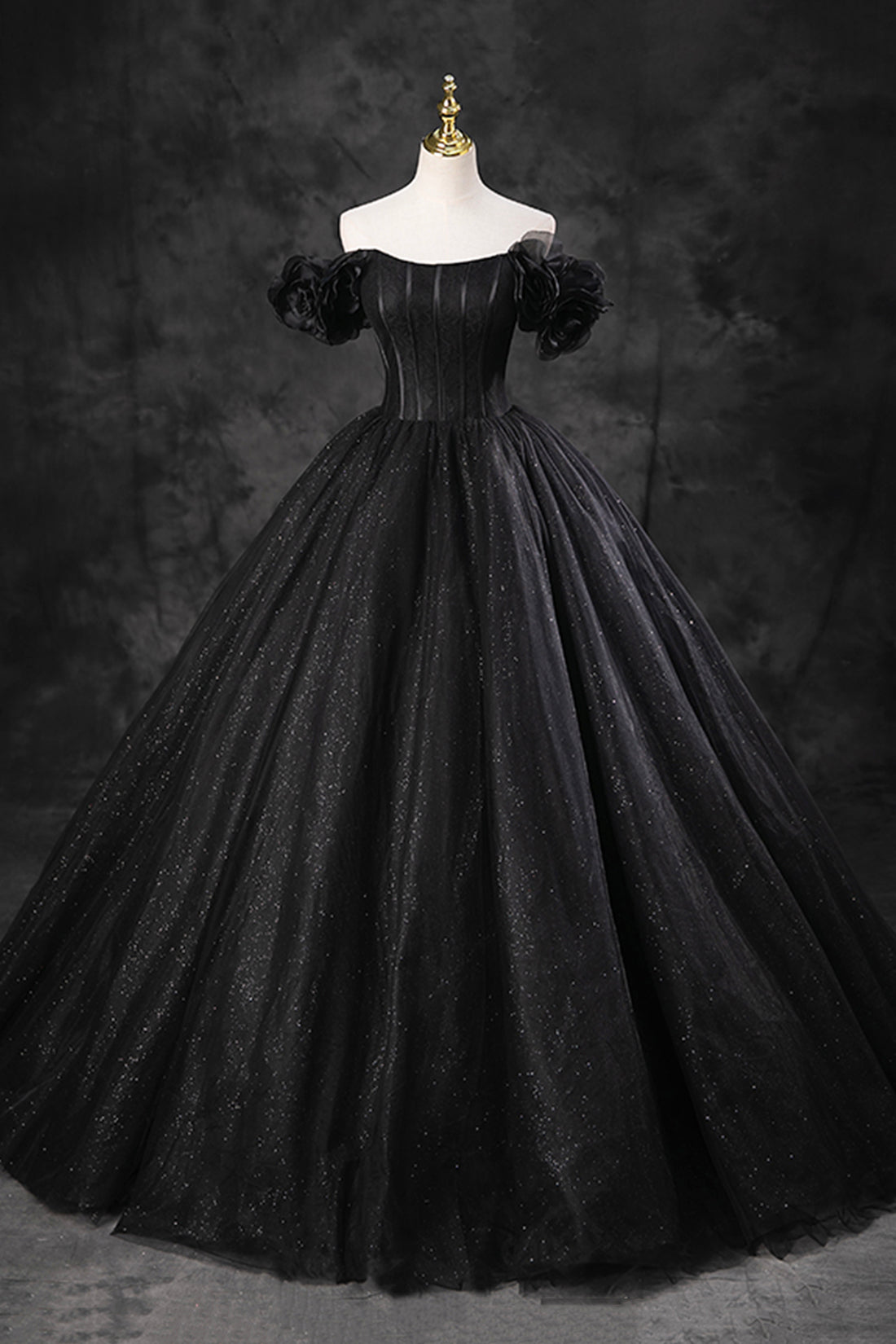 Black Shiny Tulle Floor Length A-Line Prom Dress, Off the Shoulder Eve girlideas Black Shiny Tulle Floor Length A-Line Prom Dress, Off the Shoulder Eve girlideas