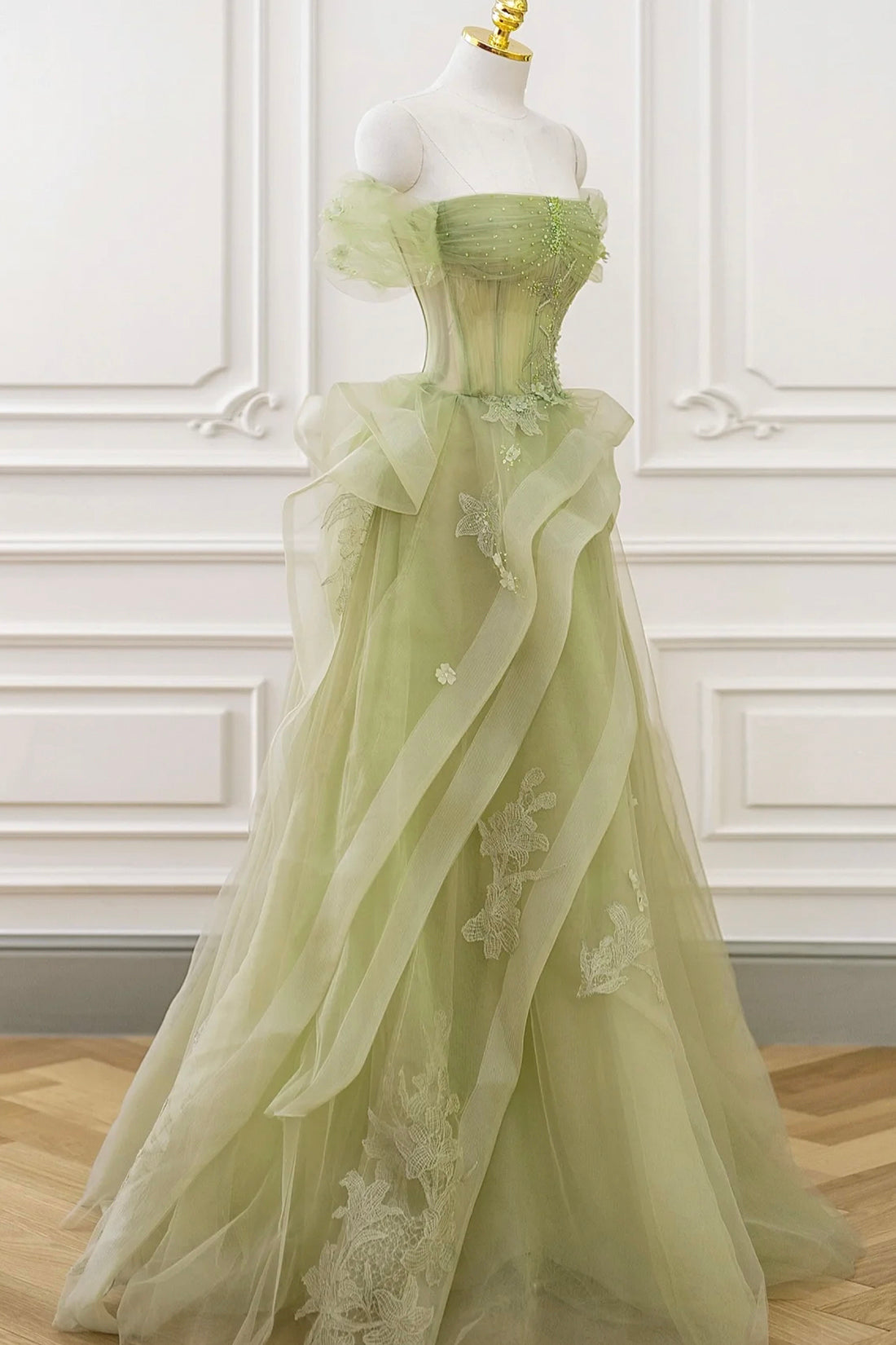 Green Tulle Lace Long Prom Dress with Corset, Off the Shoulder Green Formal Party Dress