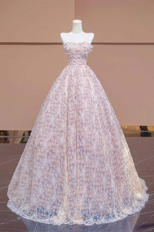 A-Line Tulle Flowers Long Formal Dress, Beautiful Strapless Evening Party Dress