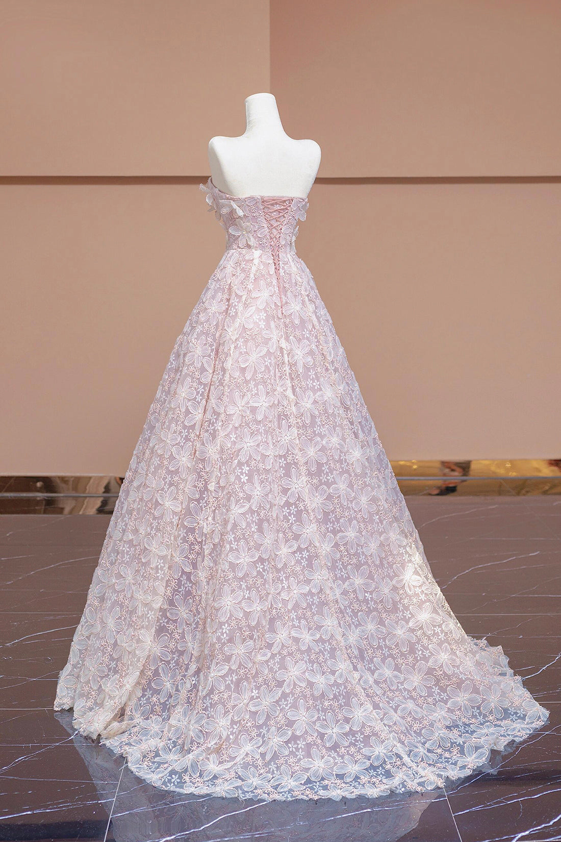 A-Line Tulle Flowers Long Formal Dress, Beautiful Strapless Evening Party Dress