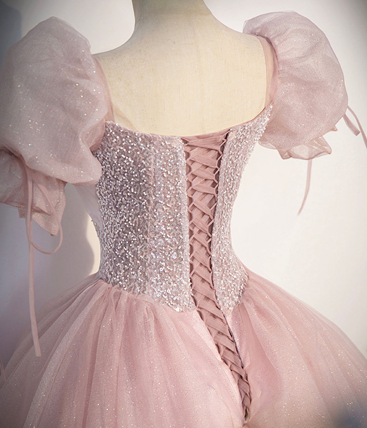 Blushing Pink Beading Sequins Prom Dresses, Short Sleeve Backless Floor-Length Formal Dresses