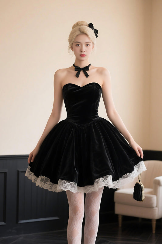 Black Velvet Short A-Line Prom Dress, Black Sweetheart Neck Party Dress