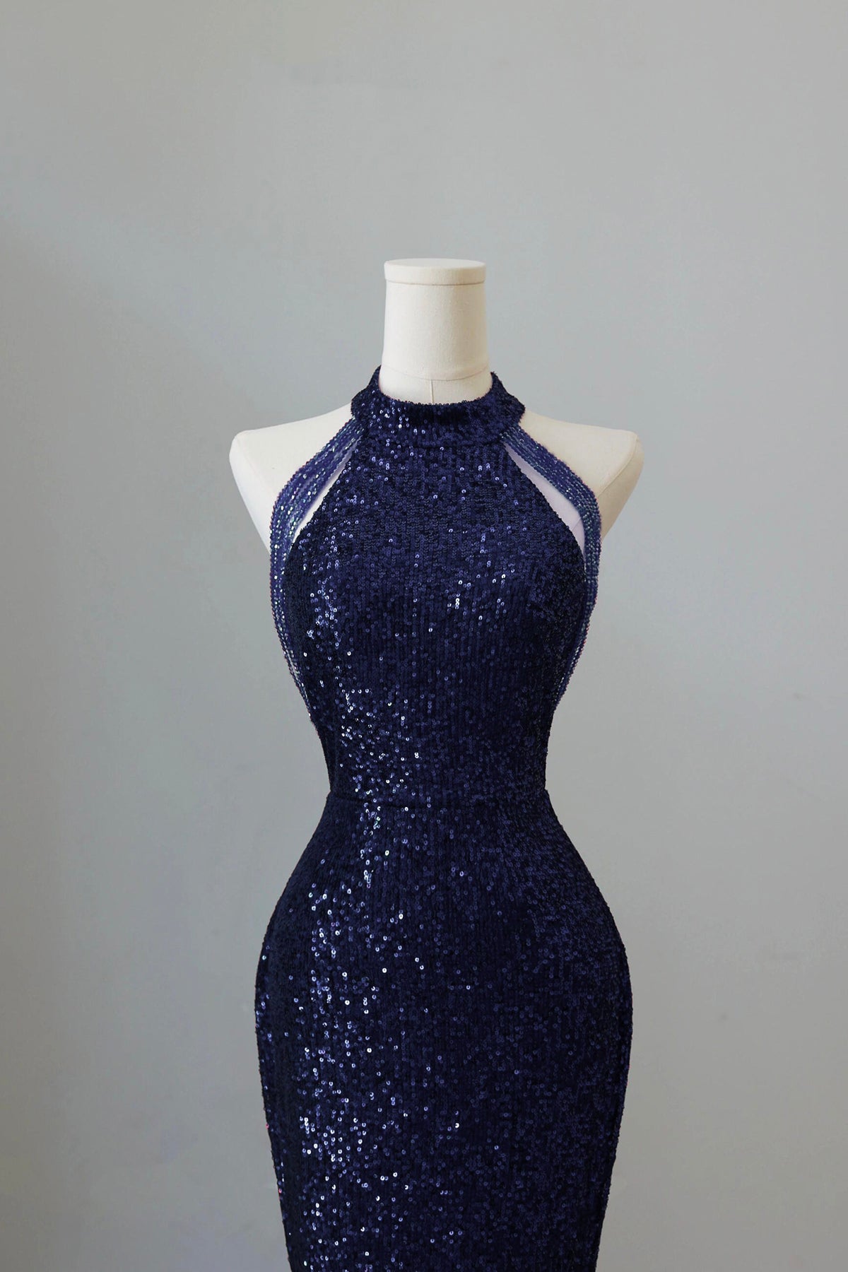 Navy Sequins Long Prom Dress, Mermaid Halter Evening Party Dress