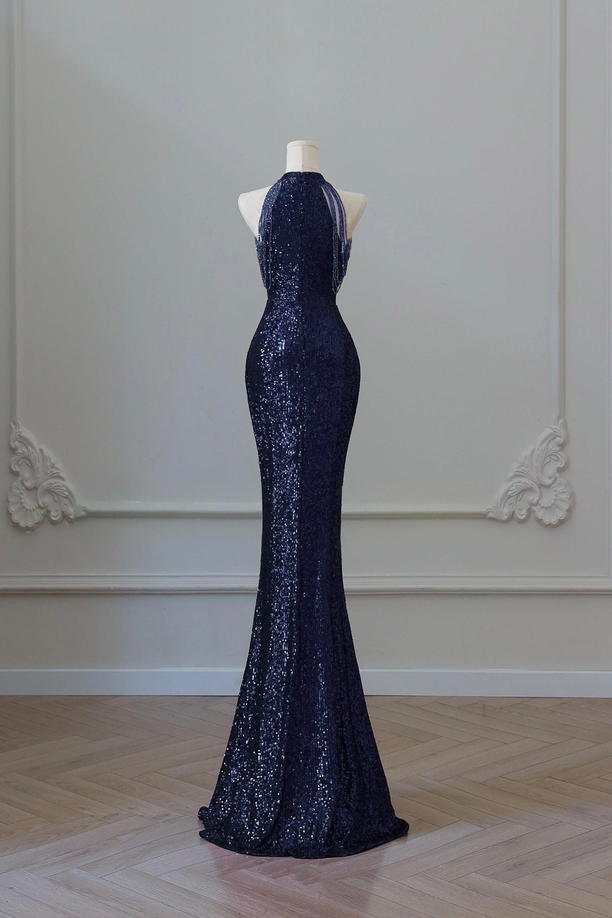 Navy Sequins Long Prom Dress, Mermaid Halter Evening Party Dress