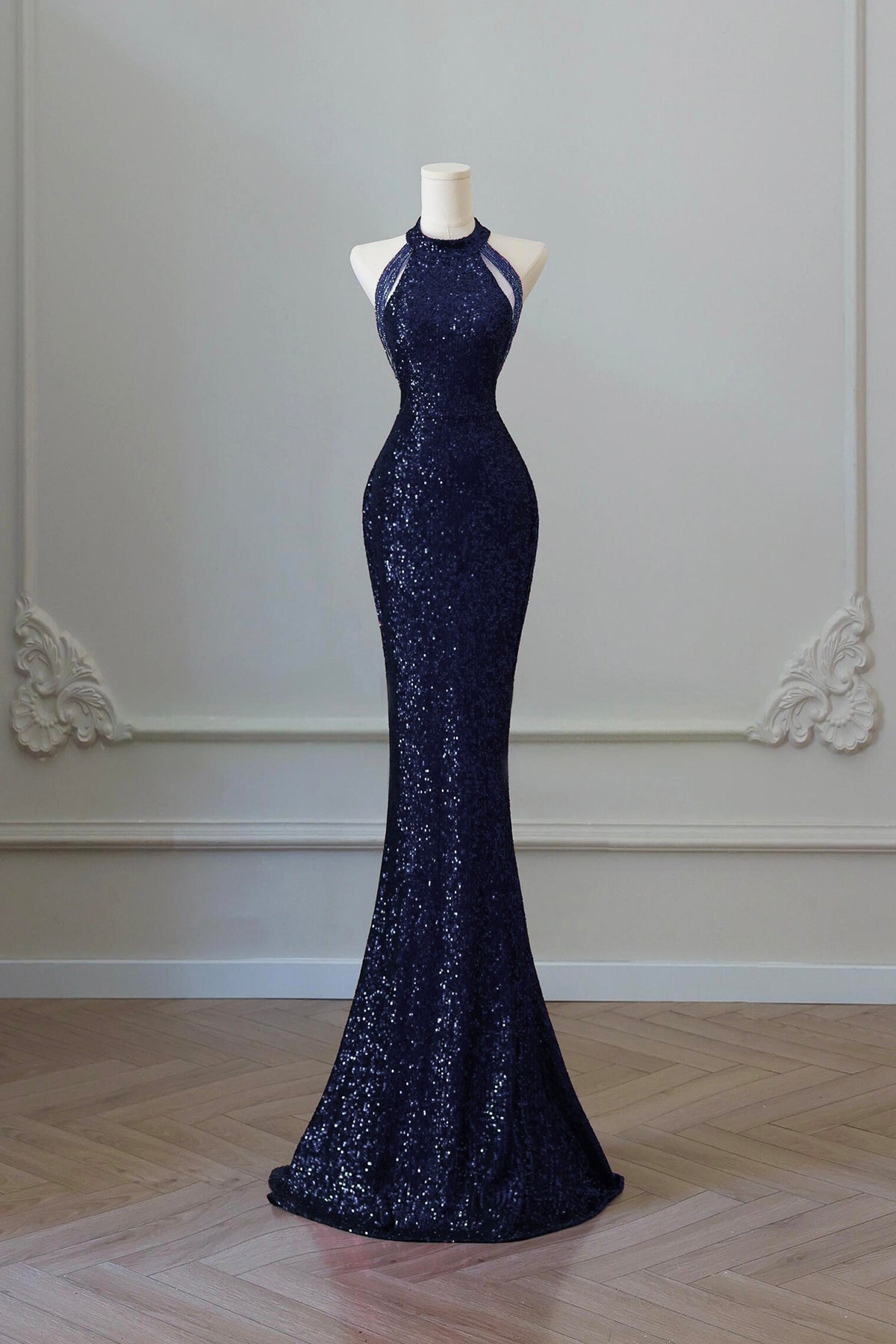 Navy Sequins Long Prom Dress, Mermaid Halter Evening Party Dress