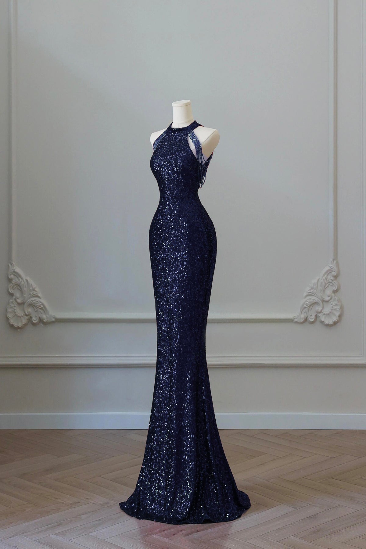 Navy Sequins Long Prom Dress, Mermaid Halter Evening Party Dress