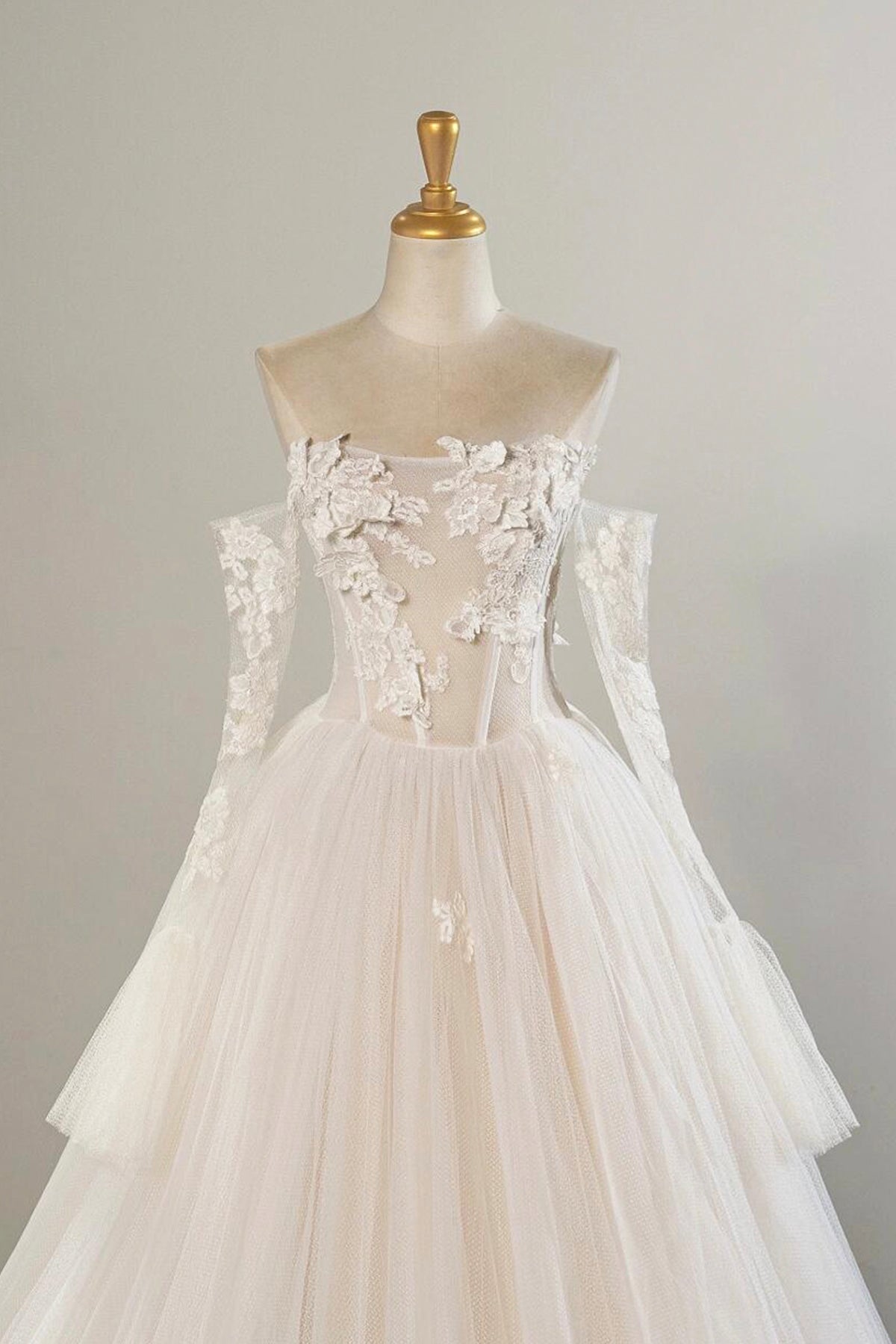 Champagne Tulle Lace Long Prom Dress, A-Line Long Sleeve Evening Party Dress