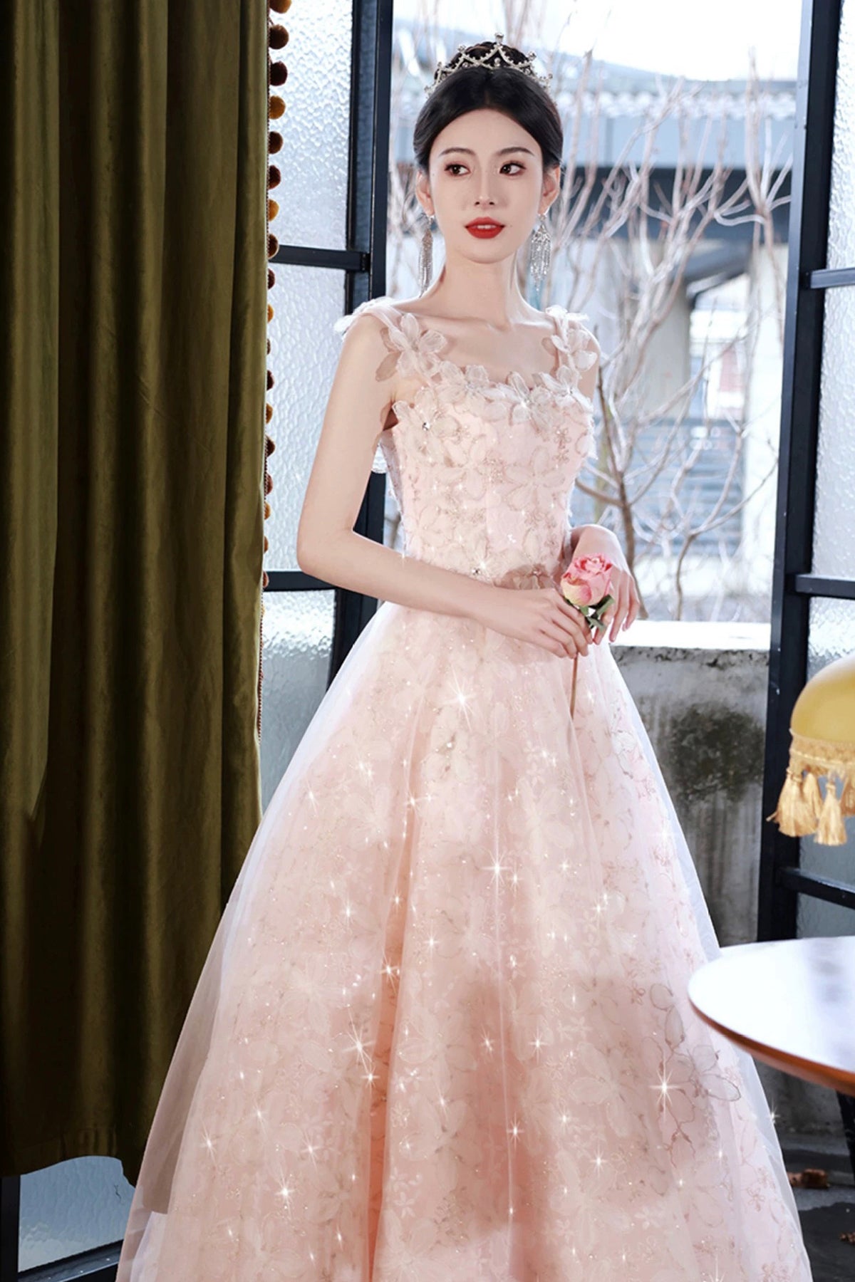 Pink Tulle Flowers Long Prom Dress, Beautiful A-Line Evening Party Dress