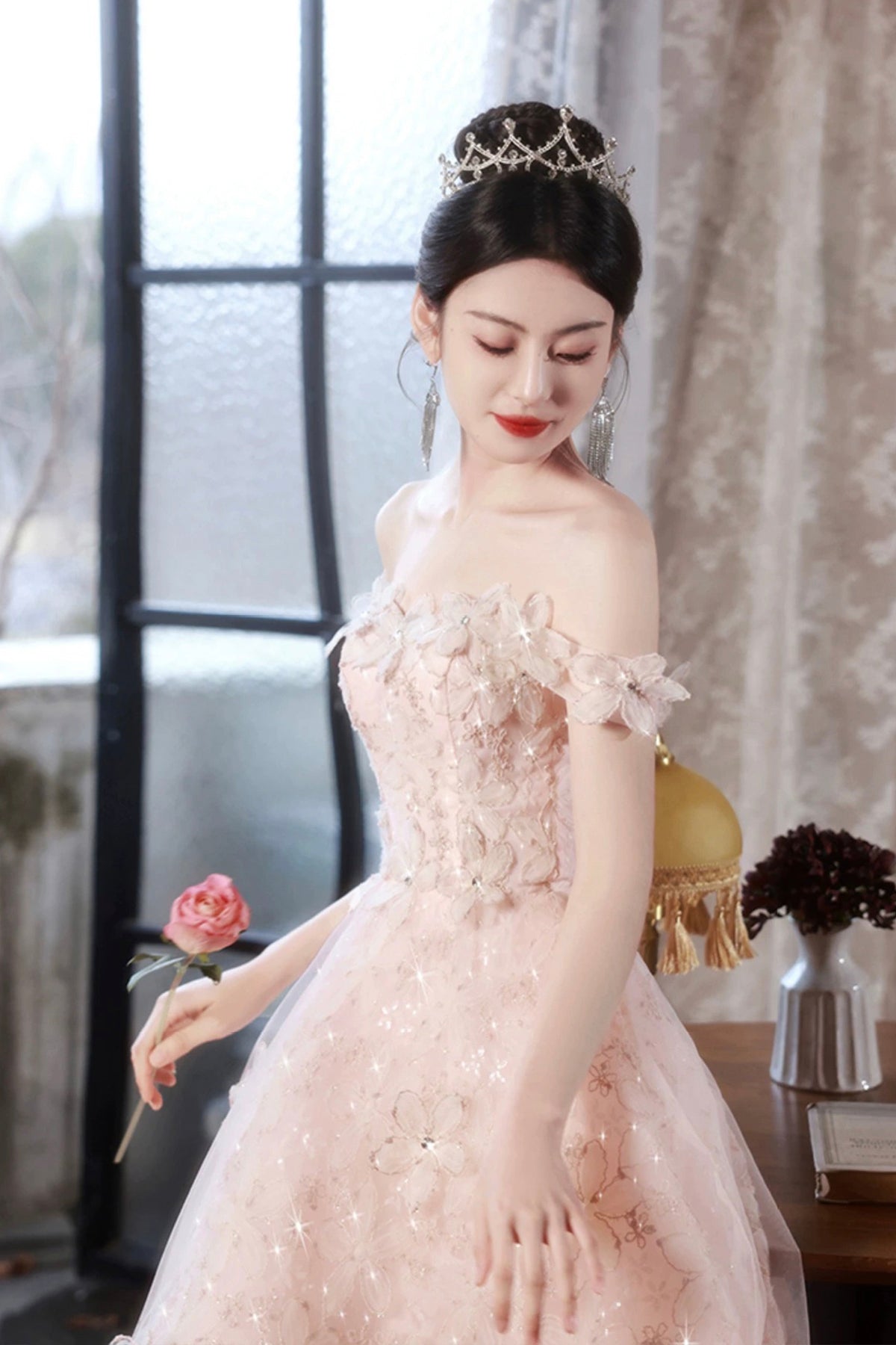 Pink Tulle Flowers Long Prom Dress, Beautiful A-Line Evening Party Dress