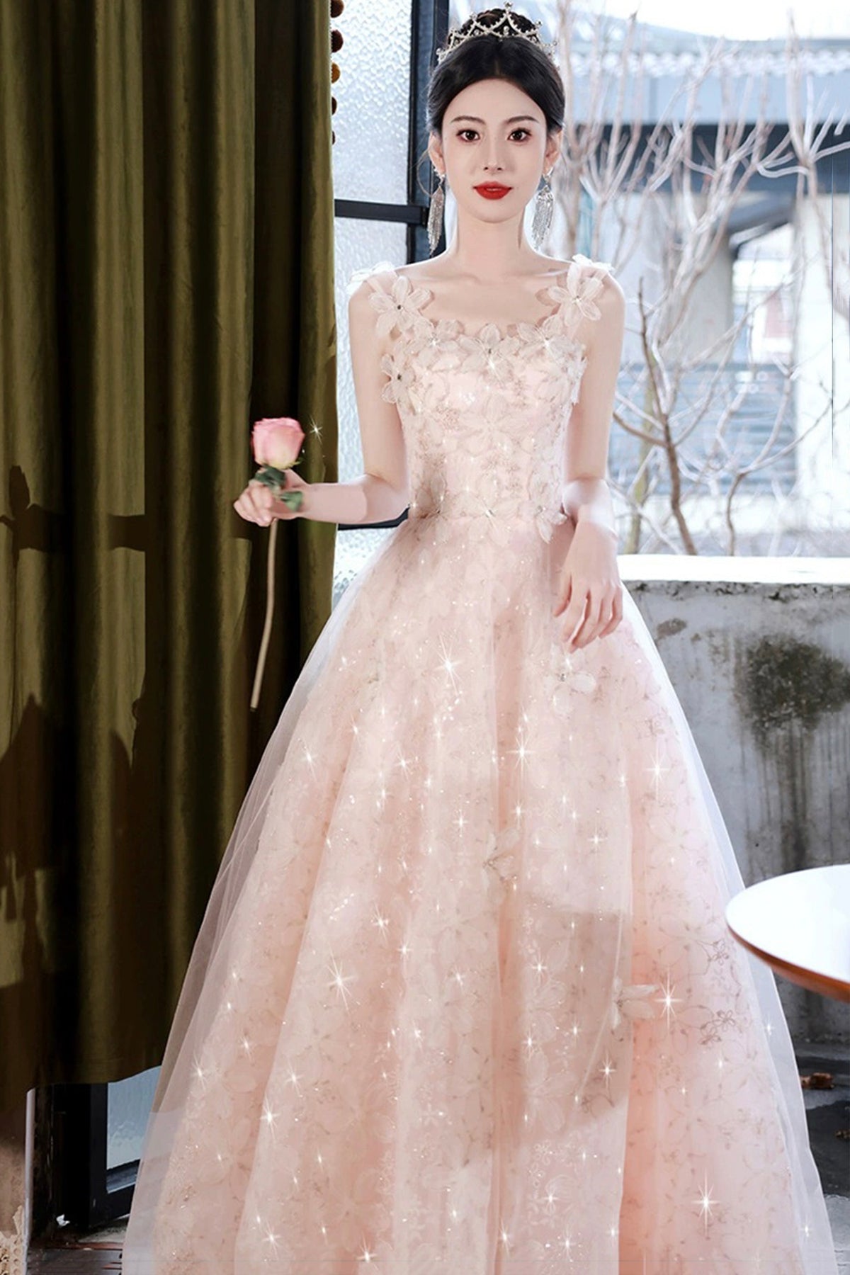 Pink Tulle Flowers Long Prom Dress, Beautiful A-Line Evening Party Dress