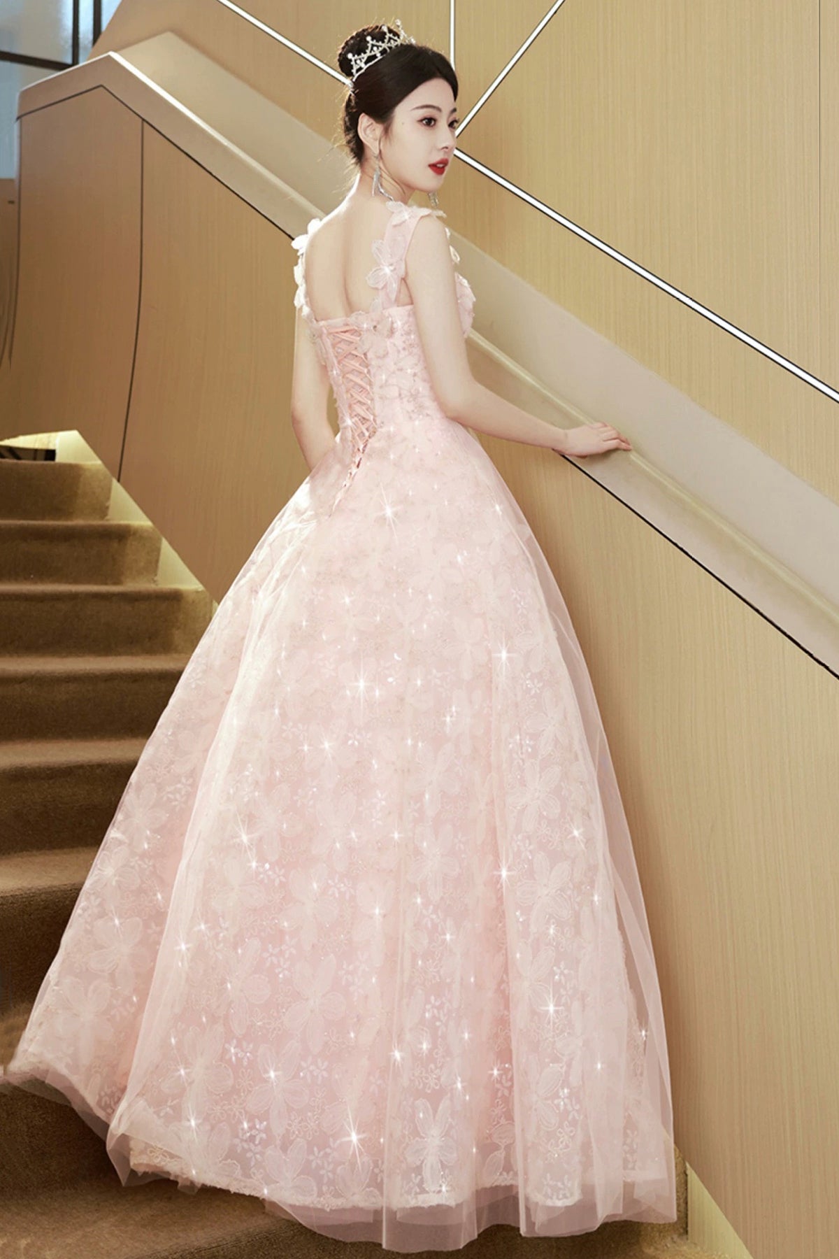 Pink Tulle Flowers Long Prom Dress, Beautiful A-Line Evening Party Dress