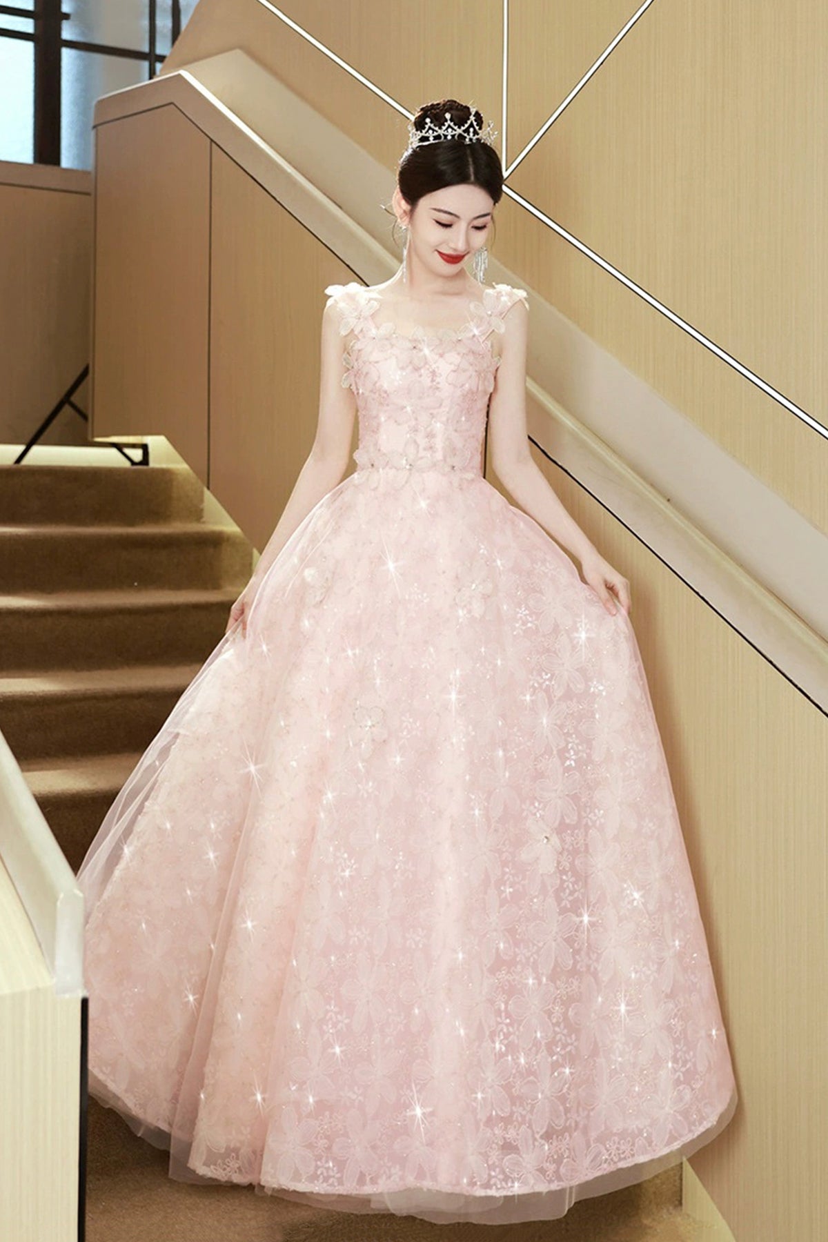 Pink Tulle Flowers Long Prom Dress, Beautiful A-Line Evening Party Dress