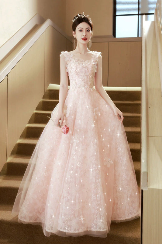 Pink Tulle Flowers Long Prom Dress, Beautiful A-Line Evening Party Dress