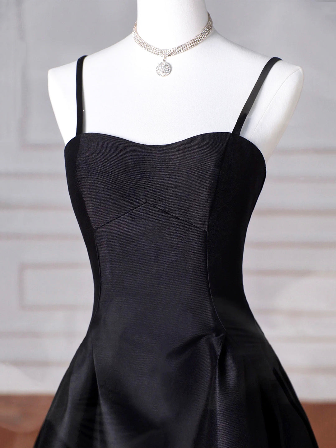Black Spaghetti Strap Satin Long Prom Dress, Black A-Line Evening Party Dress