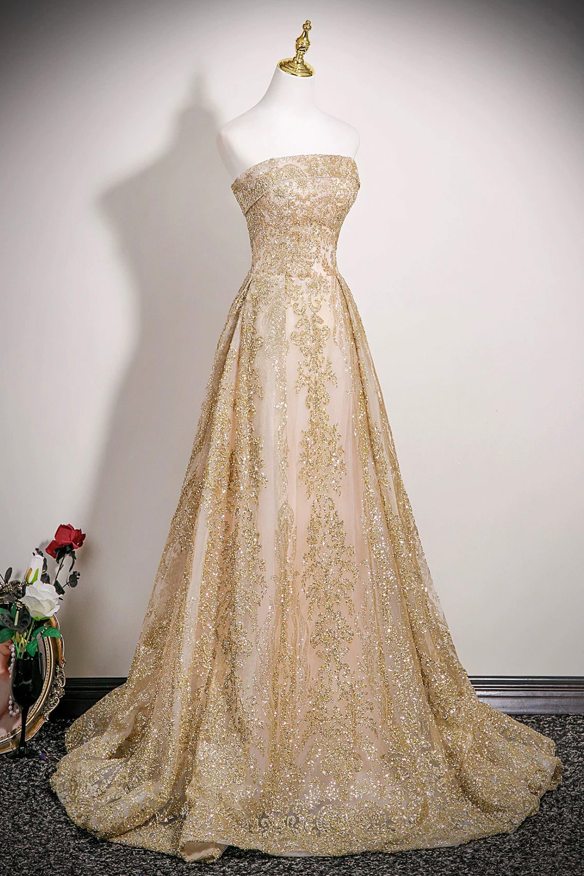 Gold Tulle Sequins Long Prom Dress, A-Line Strapless Evening Party Dress