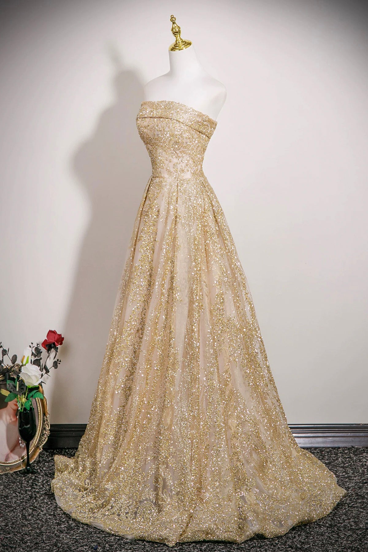 Gold Tulle Sequins Long Prom Dress, A-Line Strapless Evening Party Dress