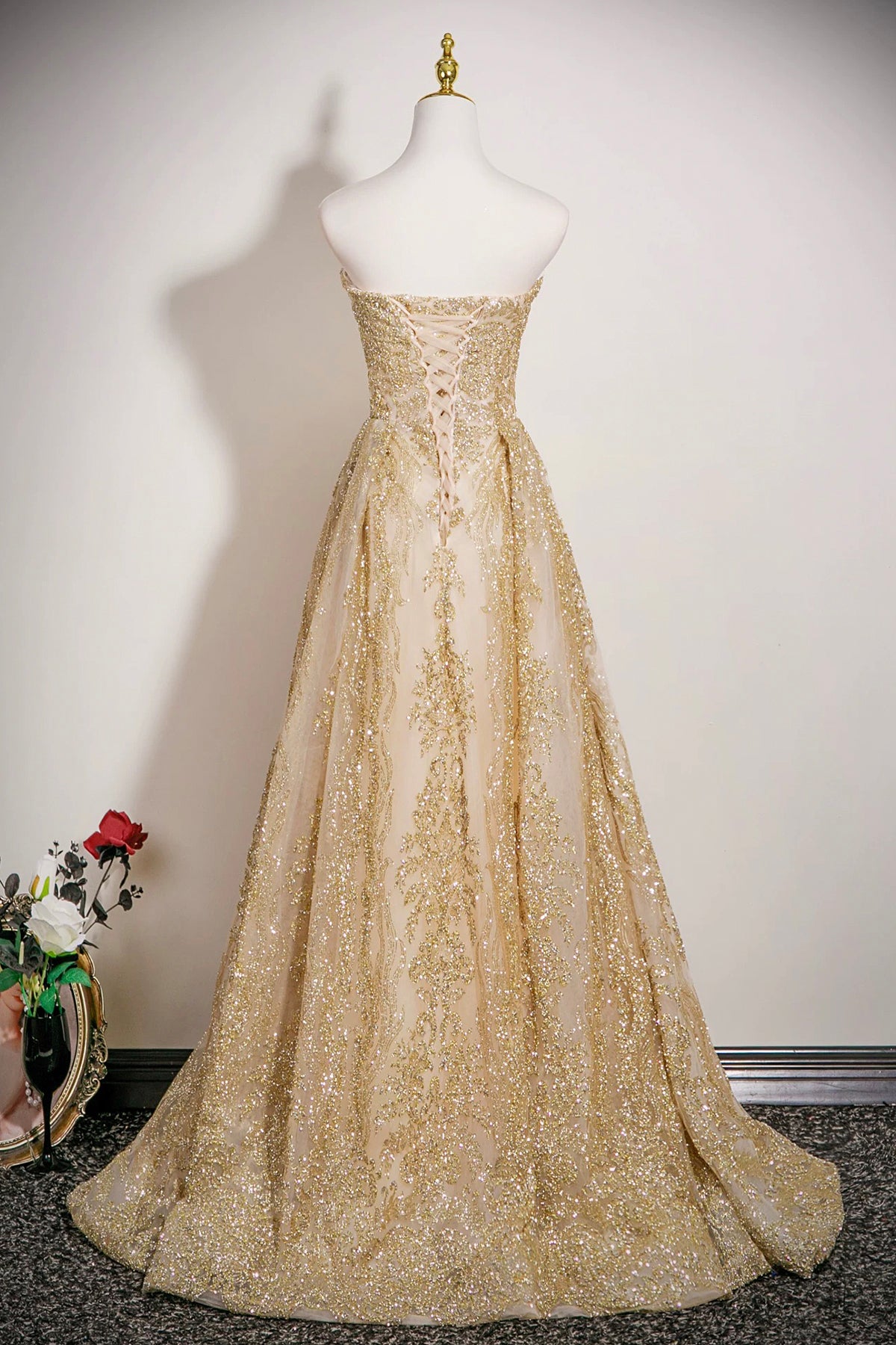 Gold Tulle Sequins Long Prom Dress, A-Line Strapless Evening Party Dress