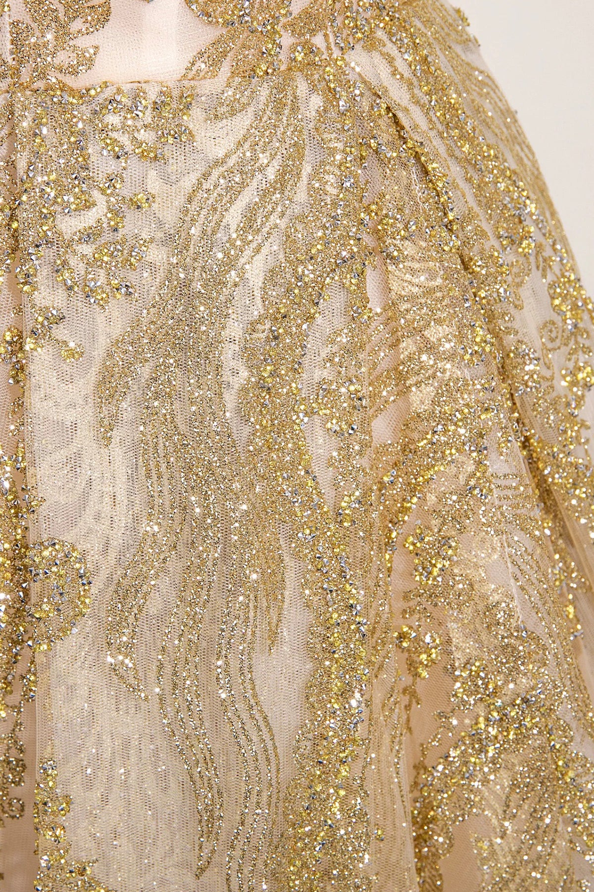 Gold Tulle Sequins Long Prom Dress, A-Line Strapless Evening Party Dress