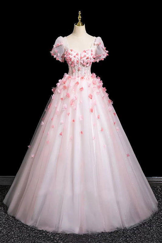 Pink Tulle Flower Long Prom Dress, Beautiful Short Sleeve Party Dress