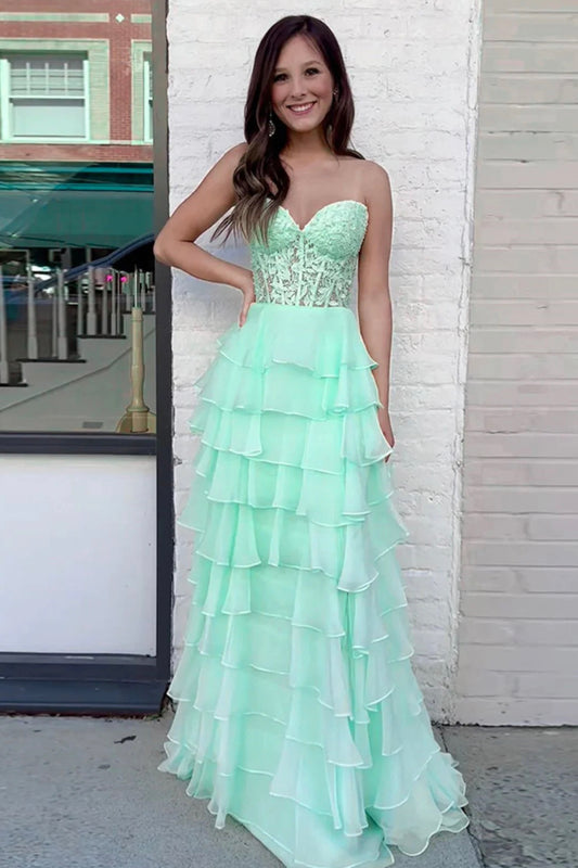 A-Line Strapless Mint Green Ruffle Tiered Chiffon Lace Long Prom Party Dress
