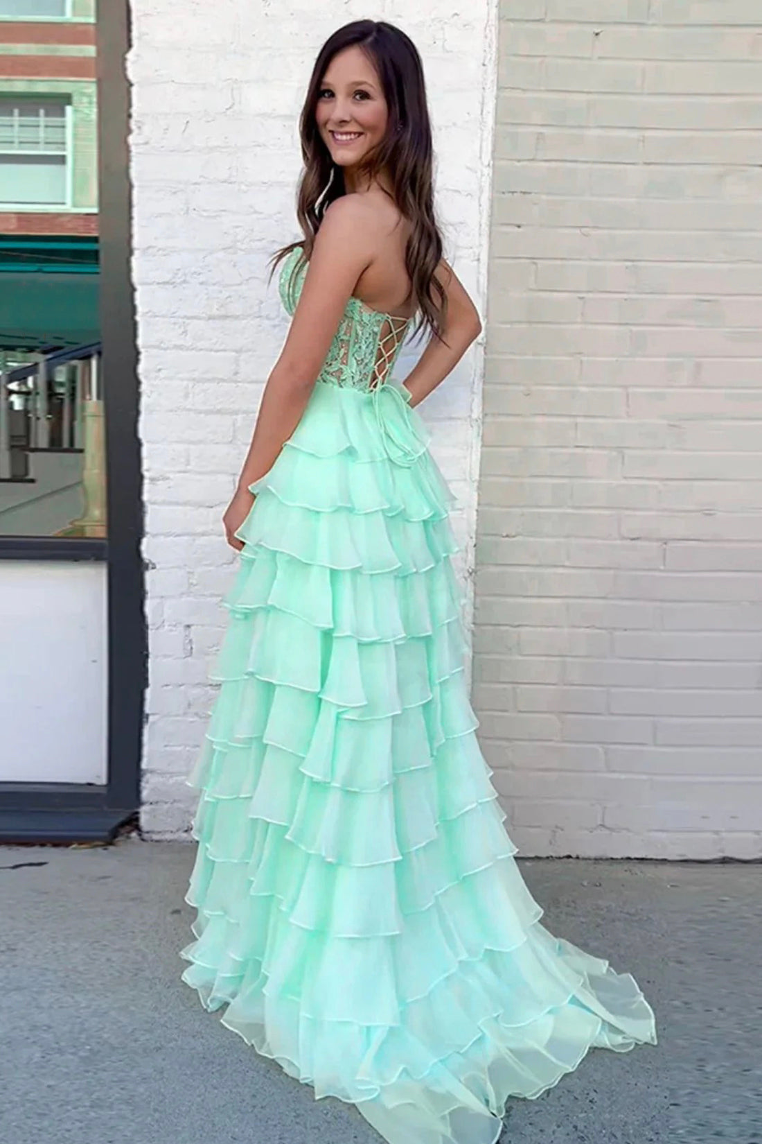 A-Line Strapless Mint Green Ruffle Tiered Chiffon Lace Long Prom Party Dress